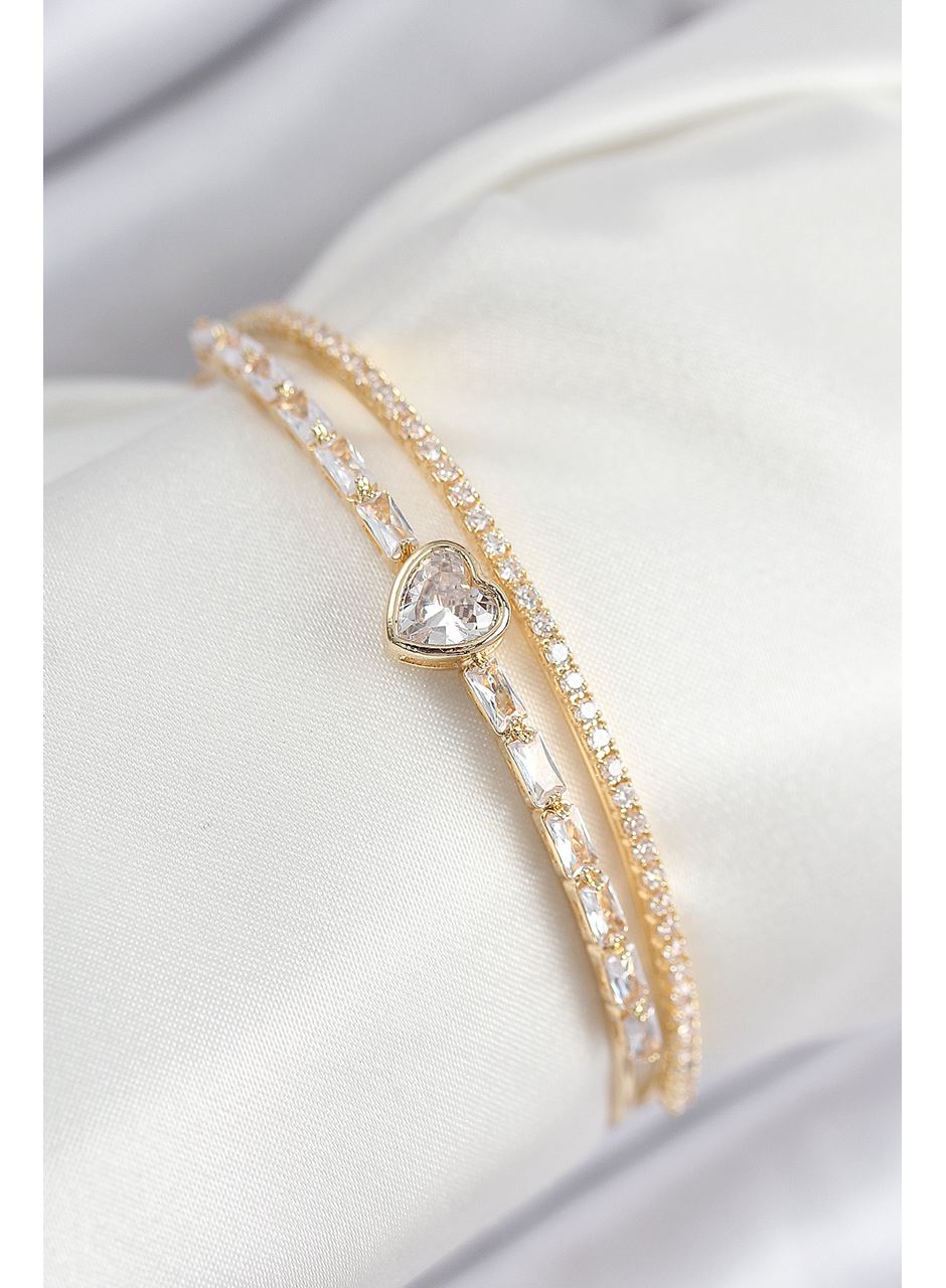 Pirinç Zirkon Taşlı Kalp Model Gold Renk Kadın Bileklik