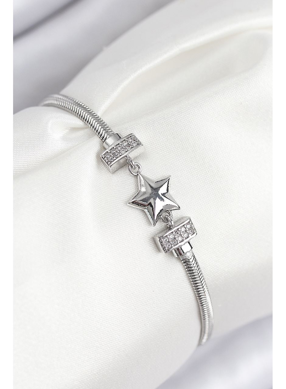 Pirinç Zirkon Taşlı Yonca Model Gümüş Renk Kadın Bileklik