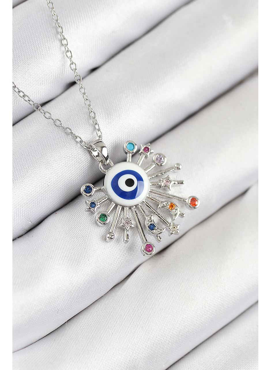 316L Çelik Zirkon Taşlı Nazar Model Gümüş Renk Kadın Kolye