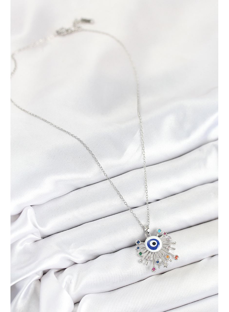 316L Çelik Zirkon Taşlı Nazar Model Gümüş Renk Kadın Kolye