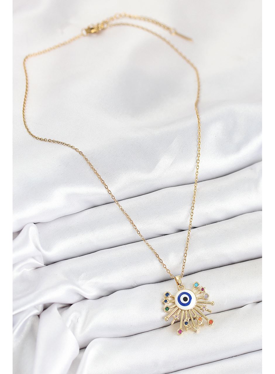 316L Çelik Zirkon Taşlı Nazar Model Gold Renk Kadın Kolye