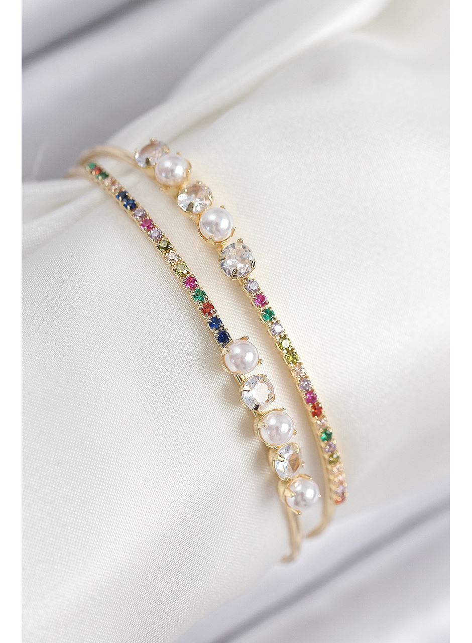 Pirinç Zirkon Taşlı İnci Model Gold Renk Kadın Bileklik