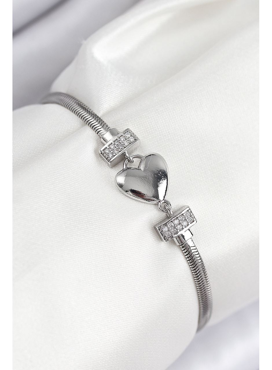 Pirinç Zirkon Taşlı Kalp Model Gümüş Renk Kadın Bileklik