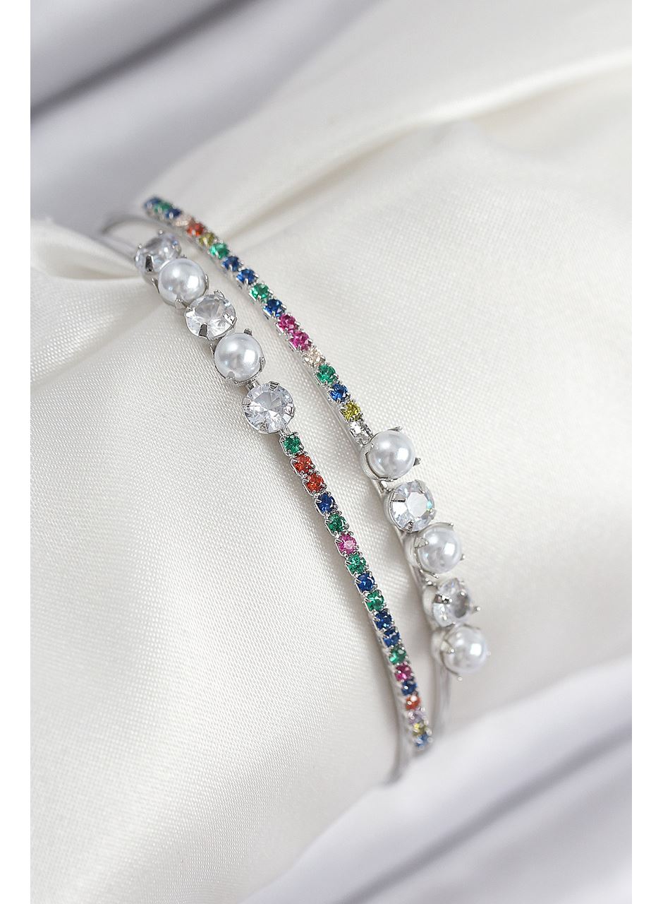 Pirinç Zirkon Taşlı İnci Model Gümüş Renk Kadın Bileklik