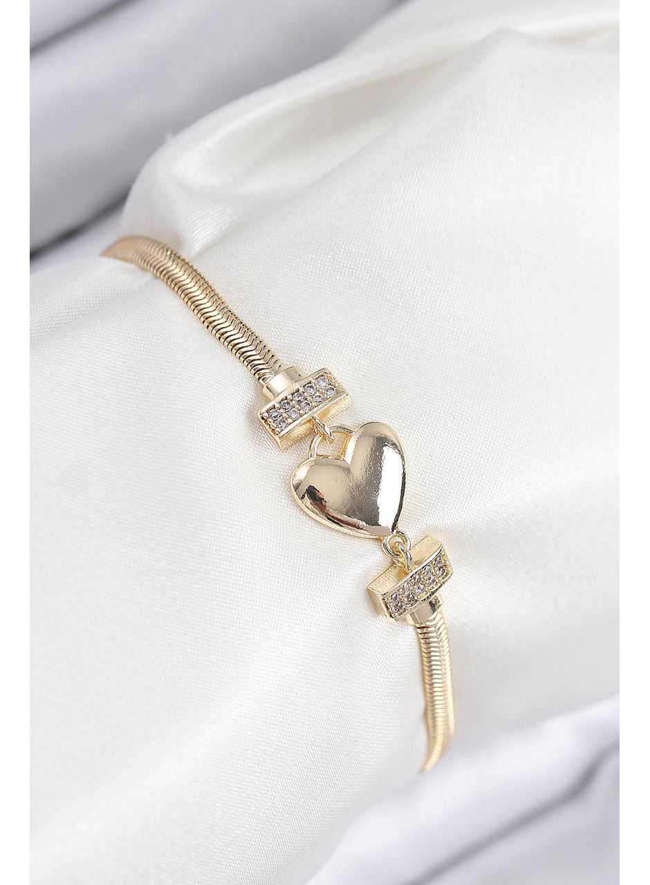 Pirinç Zirkon Taşlı Kalp Model Gold Renk Kadın Bileklik