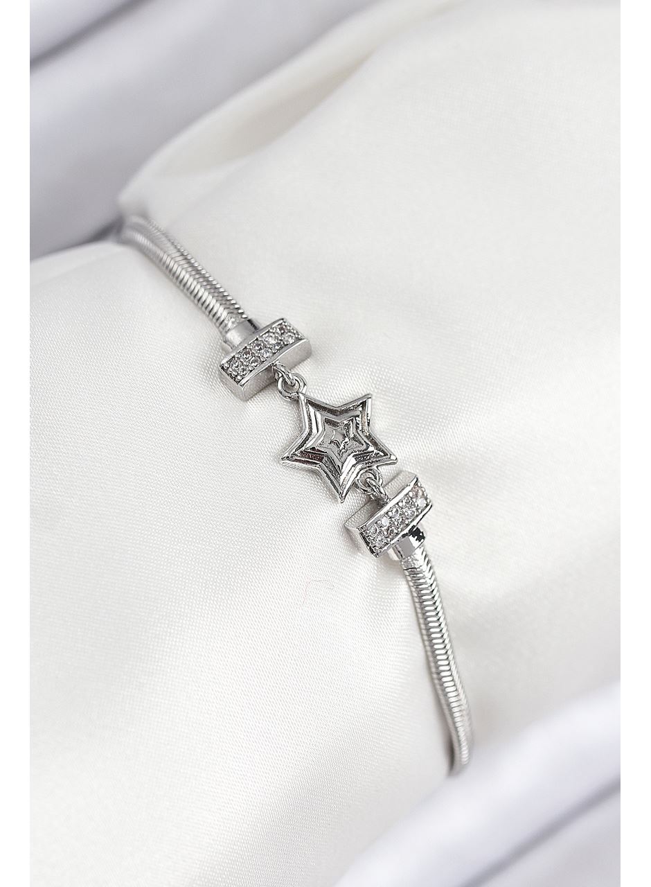 Pirinç Zirkon Taşlı Yıldız Model Gümüş Renk Kadın Bileklik