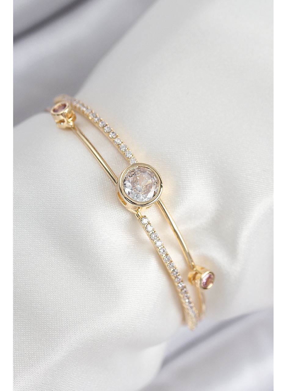 Pirinç Zirkon Taşlı Pırlanta Model Gold Renk Kadın Bileklik