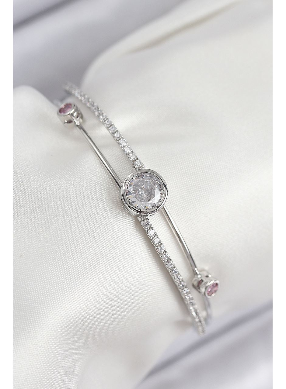 Pirinç Zirkon Taşlı Pırlanta Model Gümüş Renk Kadın Bileklik