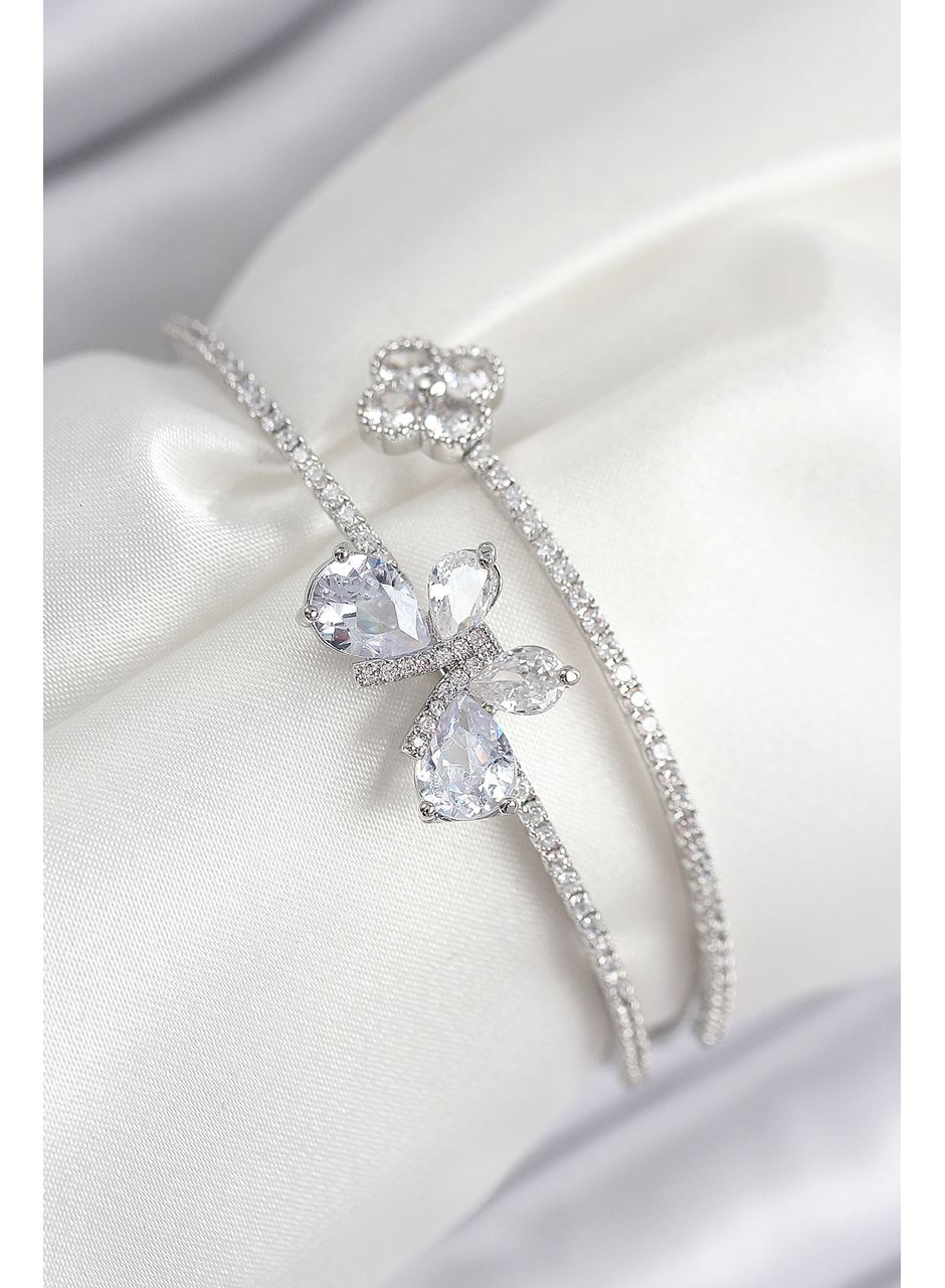 Pirinç Zirkon Taşlı Kelebek Ve Yonca Model Gümüş Renk Kadın Bileklik