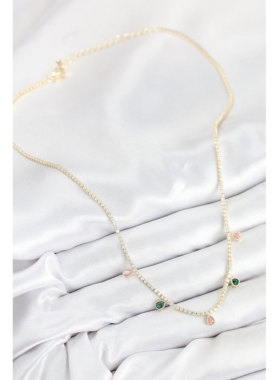 Pirinç Zirkon Taşlı Su Yolu Damla Model Gold Renk Kadın Kolye