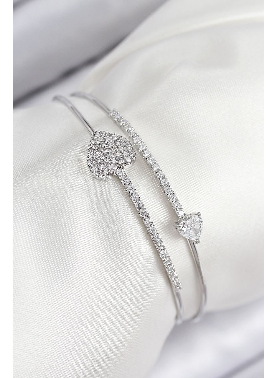 Pirinç Zirkon Taşlı Kalp Model Gümüş Renk Kadın Bileklik