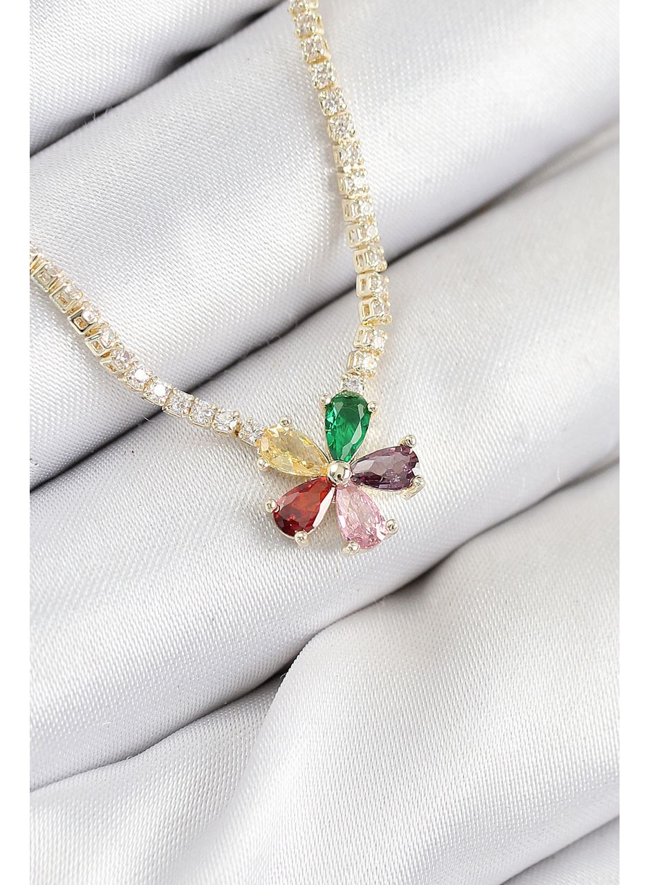 Pirinç Zirkon Taşlı Su Yolu Asorti Çiçek Model Gold Renk Kadın Kolye