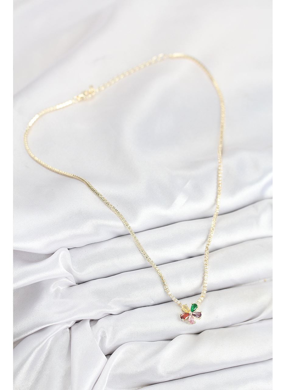 Pirinç Zirkon Taşlı Su Yolu Asorti Çiçek Model Gold Renk Kadın Kolye