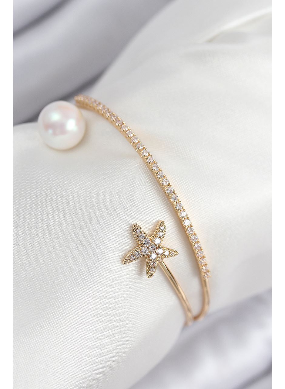 Pirinç Zirkon Taşlı Yıldız Ve İnci Model Gold Renk Kadın Bileklik
