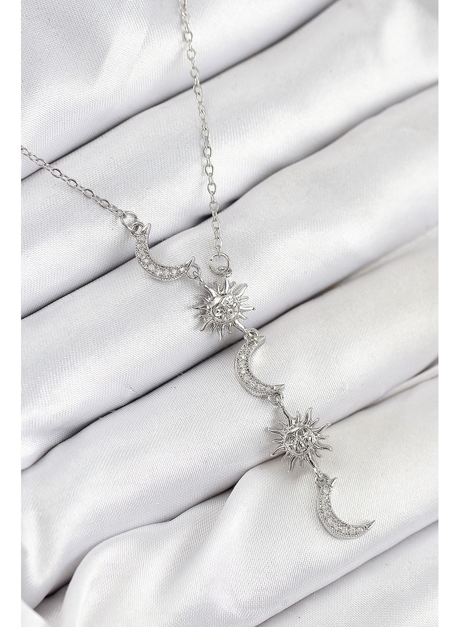 316L Çelik Zirkon Taşlı Güneş Ve Ay Model Gümüş Renk Kadın Kolye