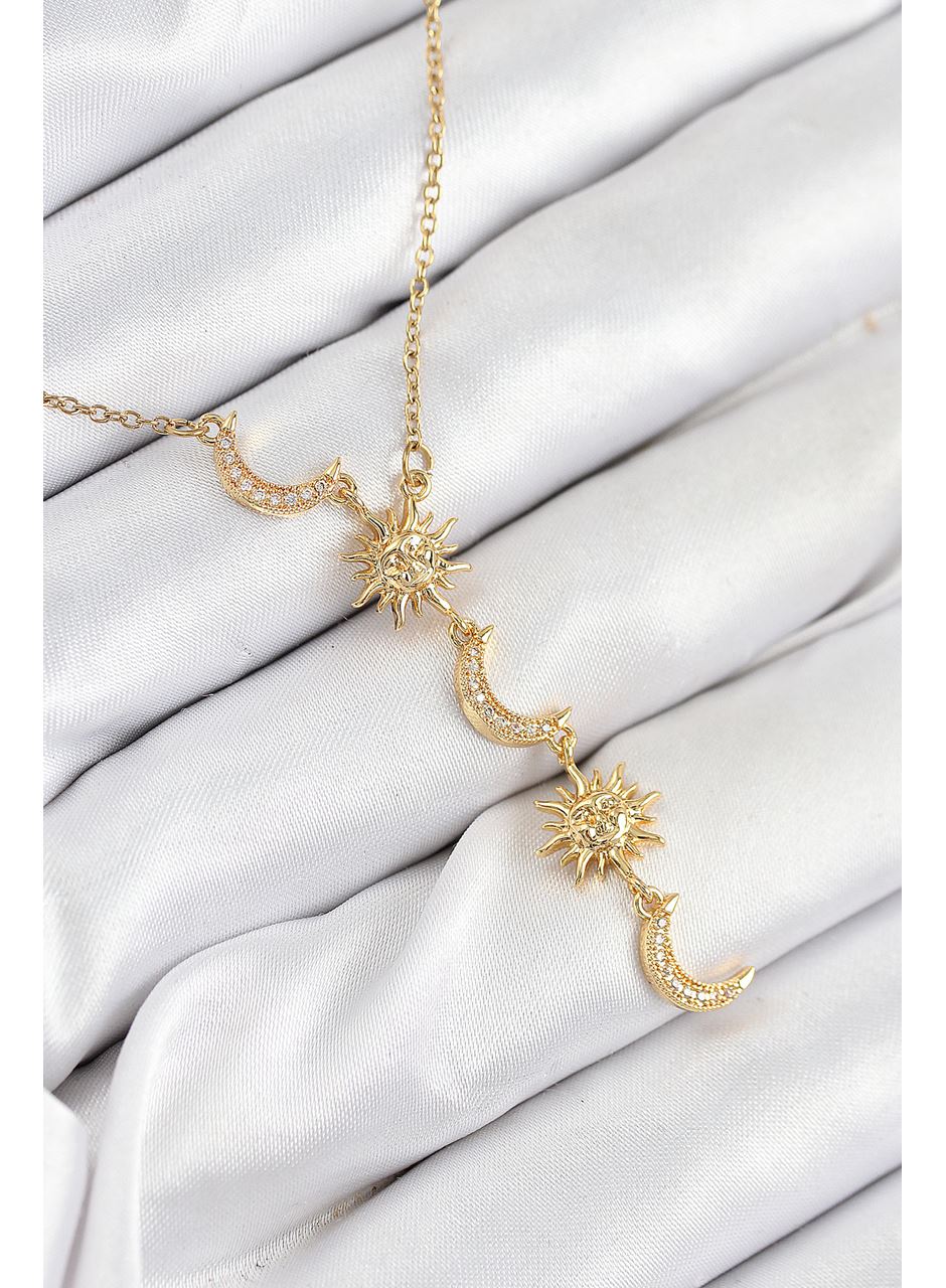 316L Çelik Zirkon Taşlı Güneş Ve Ay Model Gold Renk Kadın Kolye