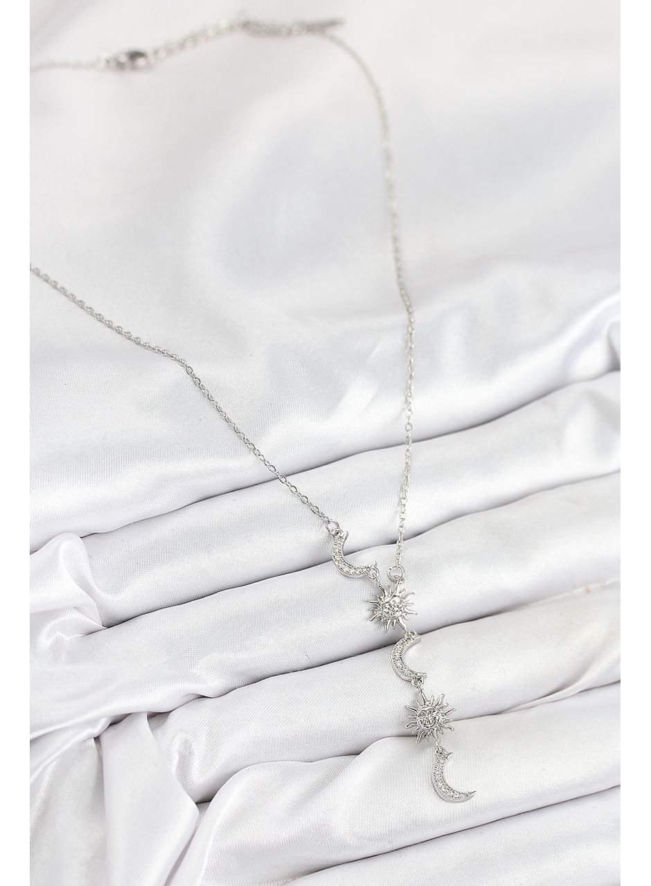 316L Çelik Zirkon Taşlı Güneş Ve Ay Model Gümüş Renk Kadın Kolye
