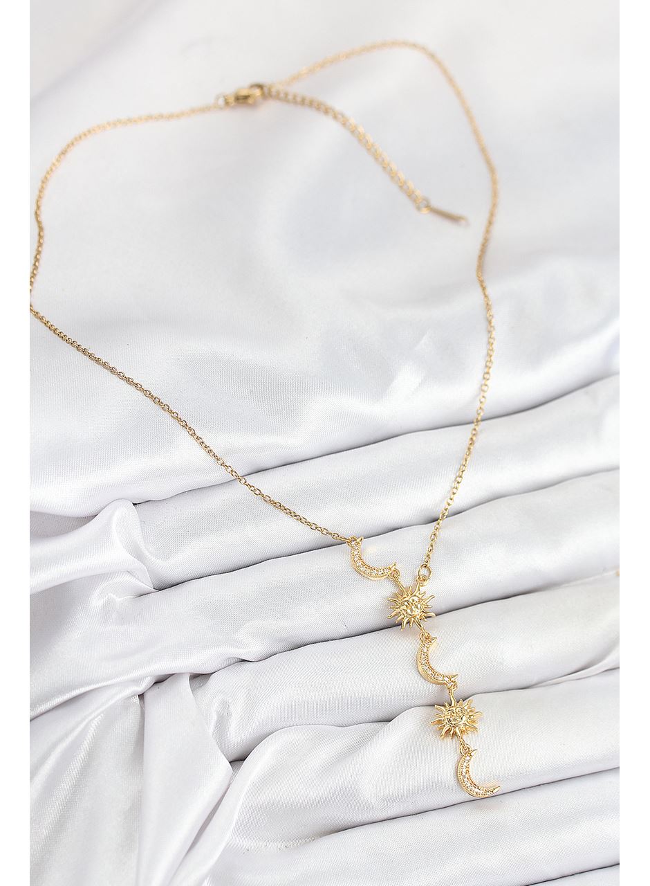 316L Çelik Zirkon Taşlı Güneş Ve Ay Model Gold Renk Kadın Kolye