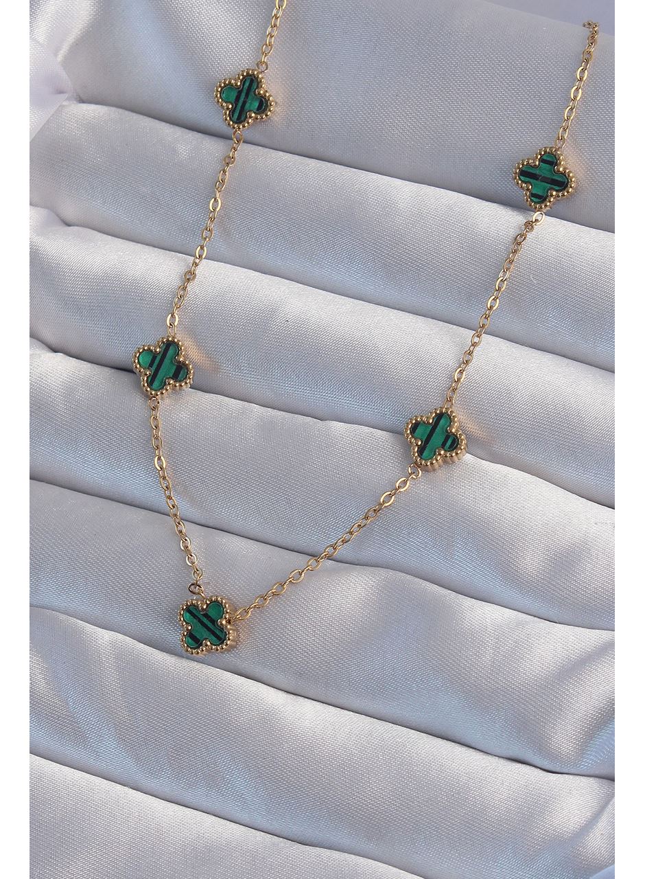 316L Çelik Gold Renk Minimal Yeşil Mineli Yonca Kolye