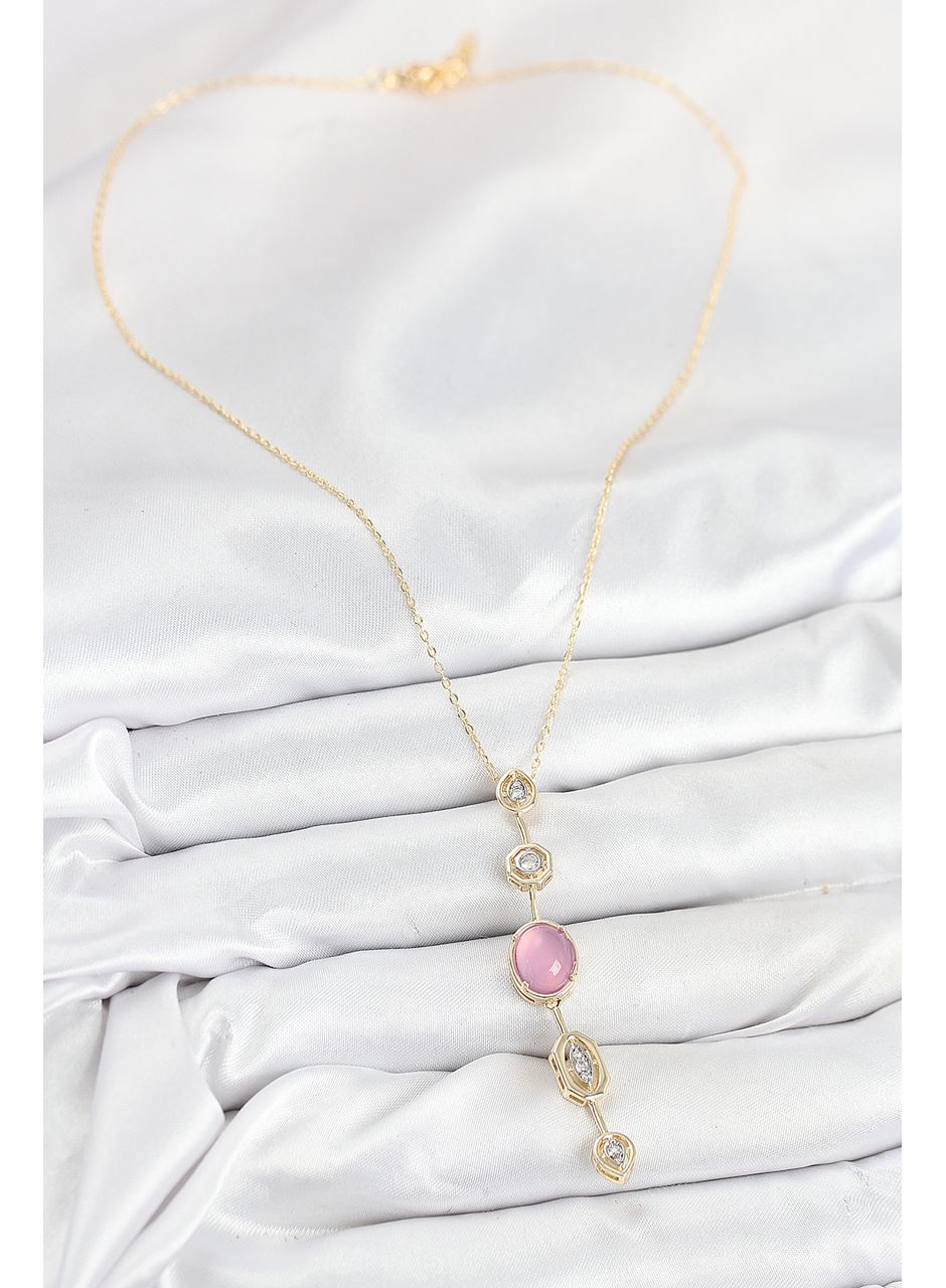 Pirinç Zincir Pembe Gold Renk Zirkon Taşlı Y Kolye