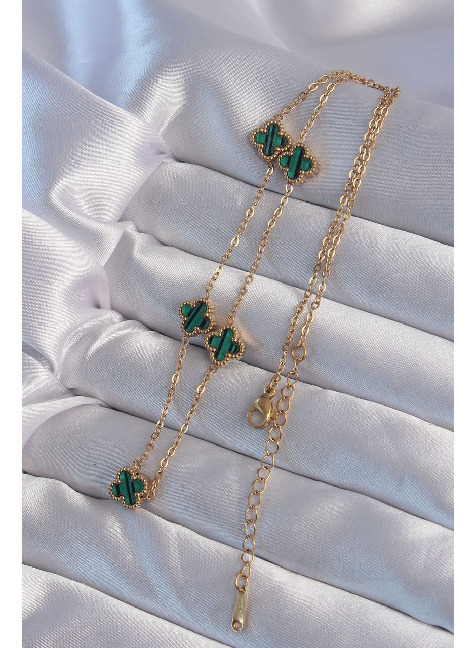 316L Çelik Gold Renk Minimal Yeşil Mineli Yonca Kolye