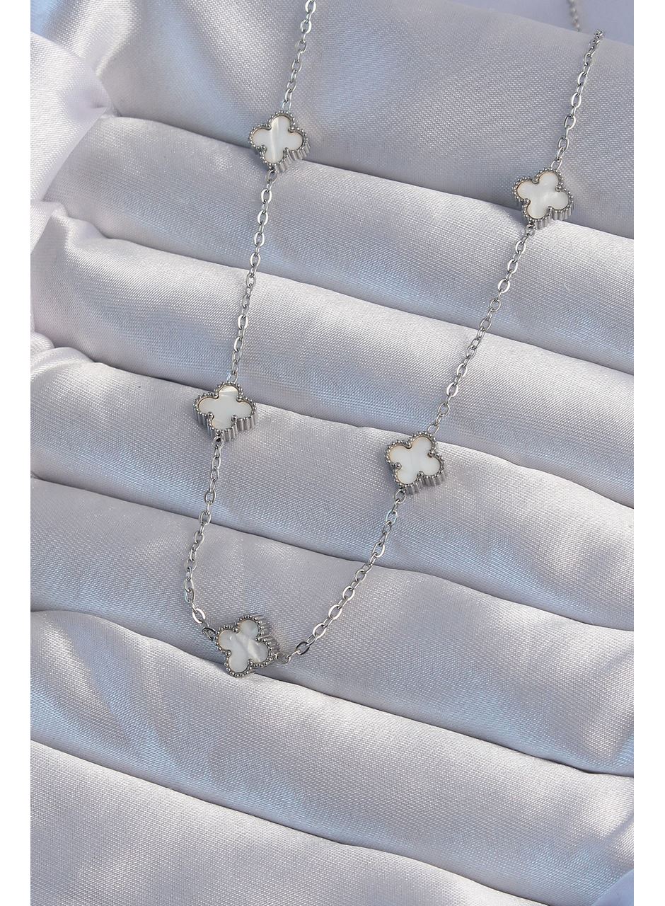 316L Çelik Gümüş Renk Minimal Beyaz Sedefli Yonca Kolye