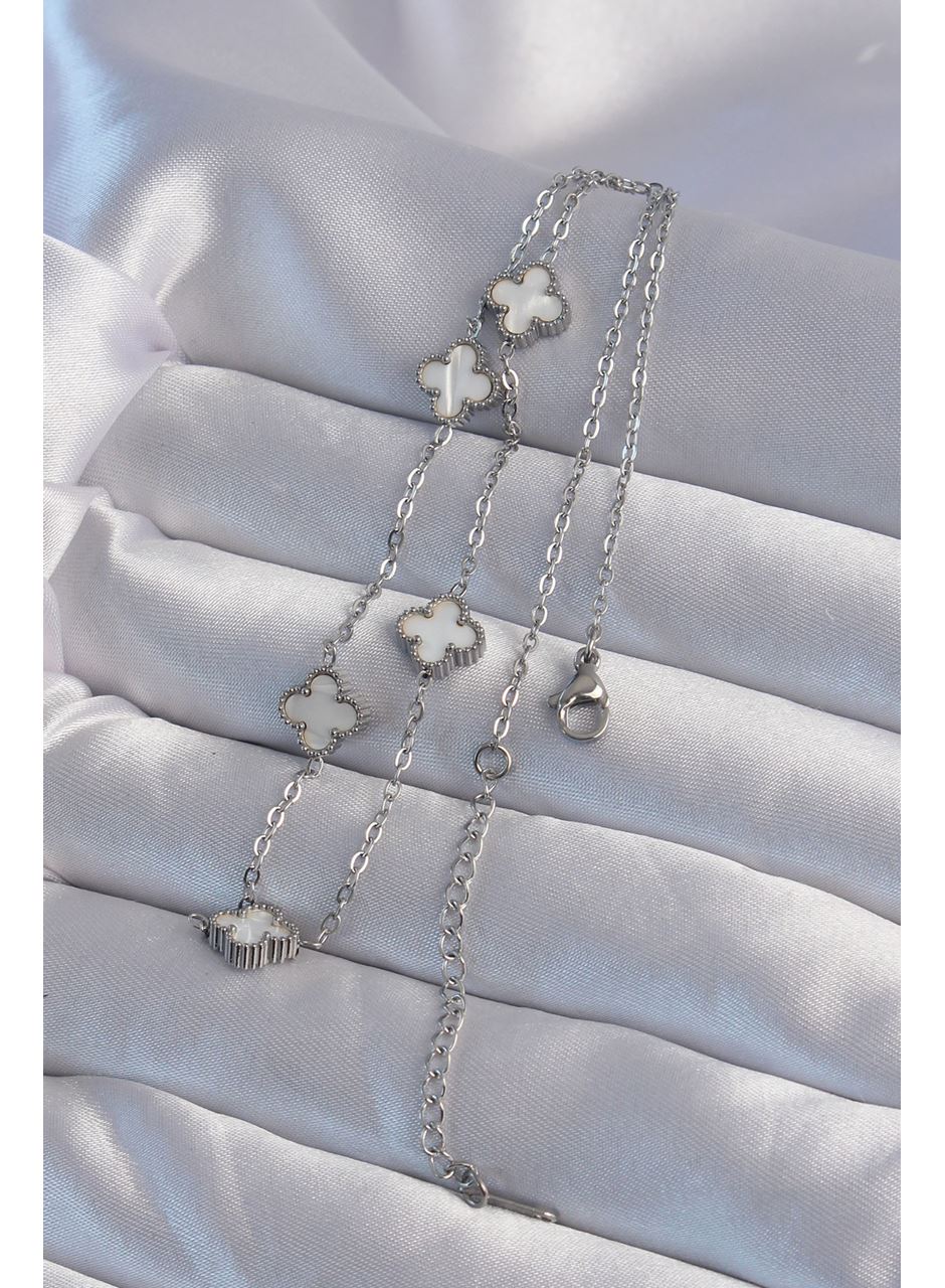 316L Çelik Gümüş Renk Minimal Beyaz Sedefli Yonca Kolye