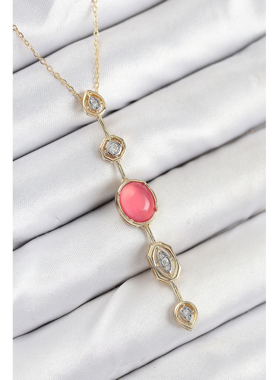 Pirinç Zincir Pembe Gold Renk Zirkon Taşlı Y Kolye