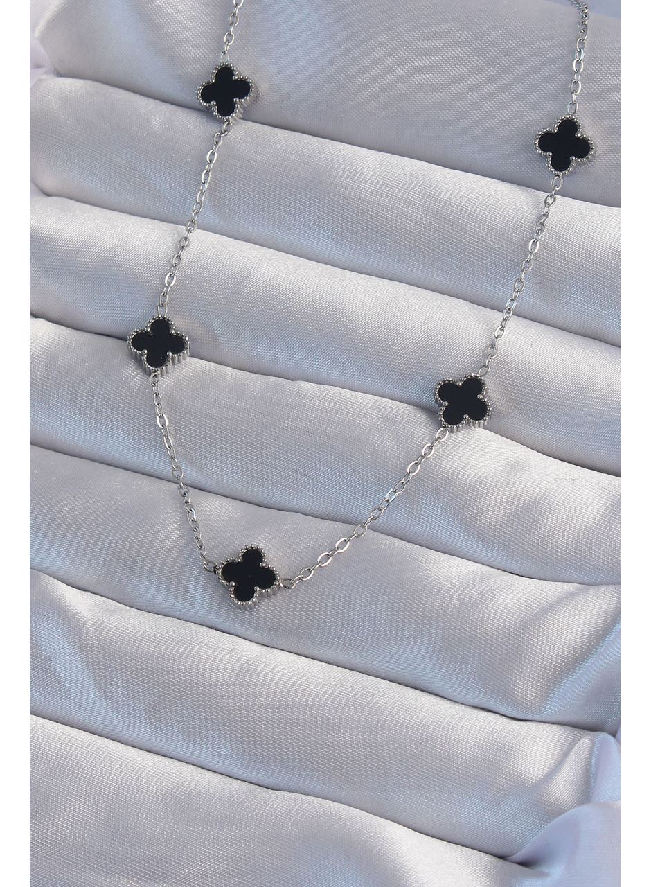 316L Çelik Gümüş Renk Minimal Siyah Mineli Yonca Kolye