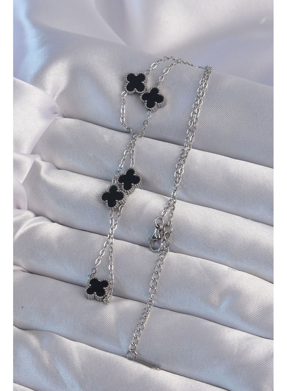 316L Çelik Gümüş Renk Minimal Siyah Mineli Yonca Kolye