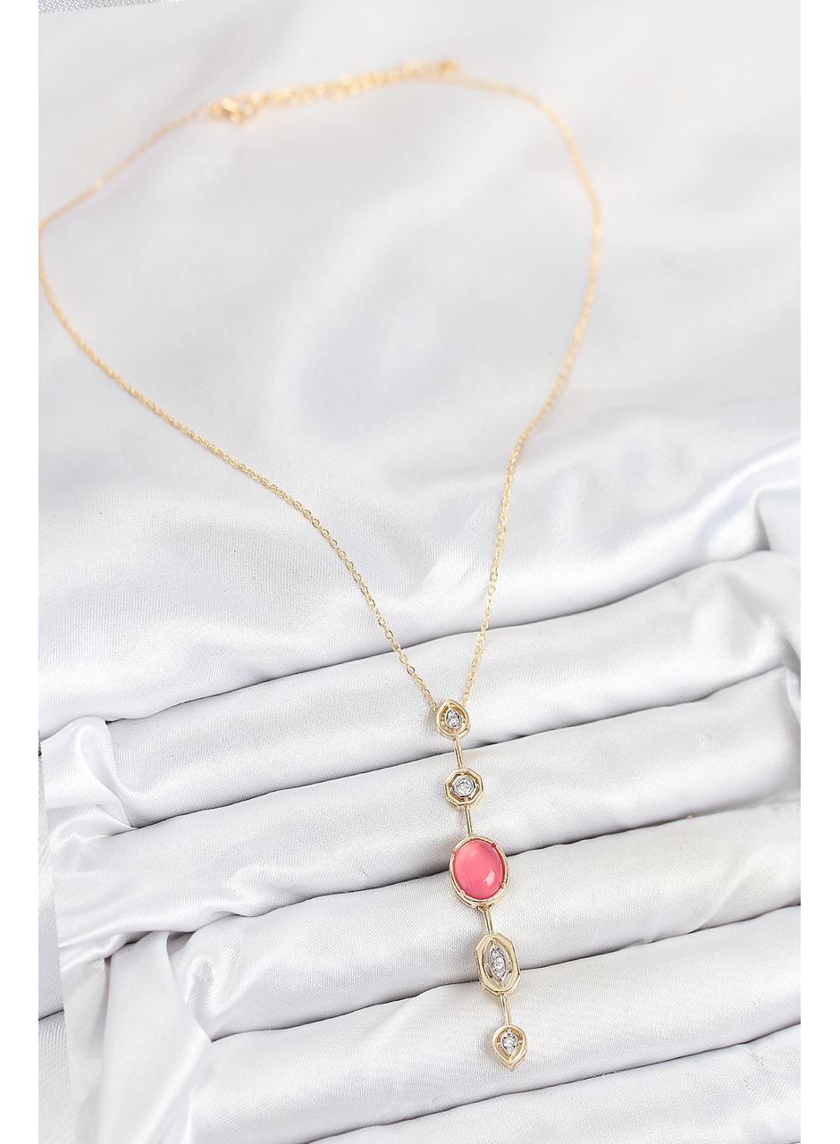 Pirinç Zincir Pembe Gold Renk Zirkon Taşlı Y Kolye