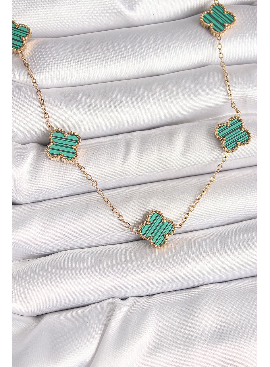 316L Çelik Gold Renk Zincir Yeşil Yonca Model Kadın Kolye