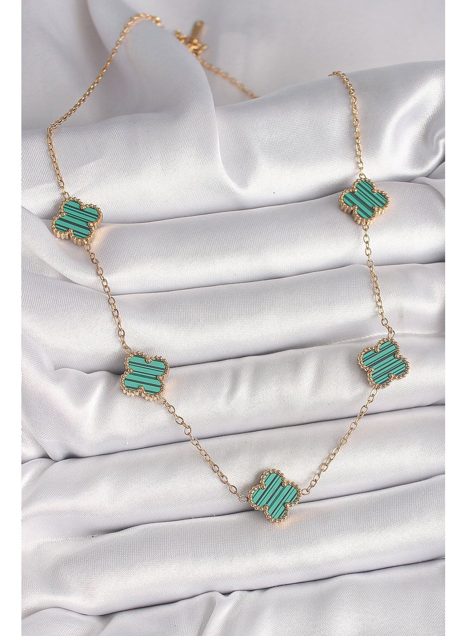 316L Çelik Gold Renk Zincir Yeşil Yonca Model Kadın Kolye