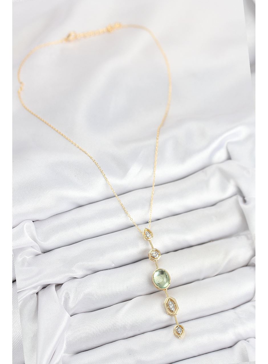 Pirinç Zincir Yeşil Gold Renk Zirkon Taşlı Y Kolye