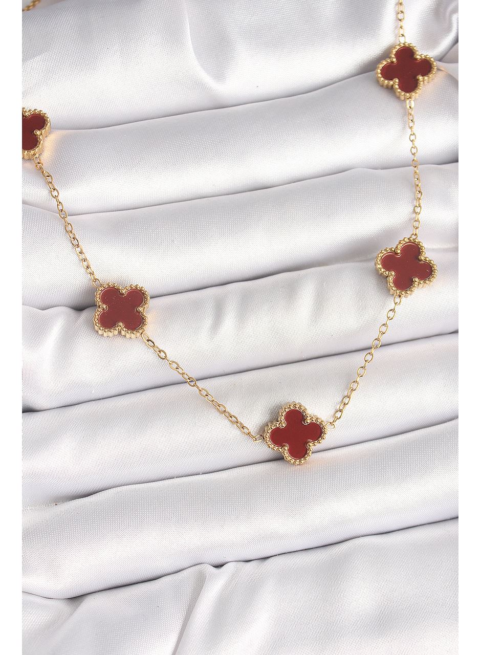 316L Çelik Gold Renk Zincir Bordo Yonca Model Kadın Kolye