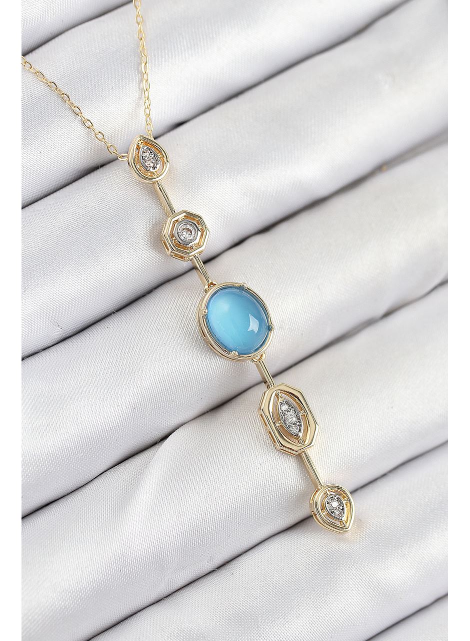 Pirinç Zincir Mavi Gold Renk Zirkon Taşlı Y Kolye