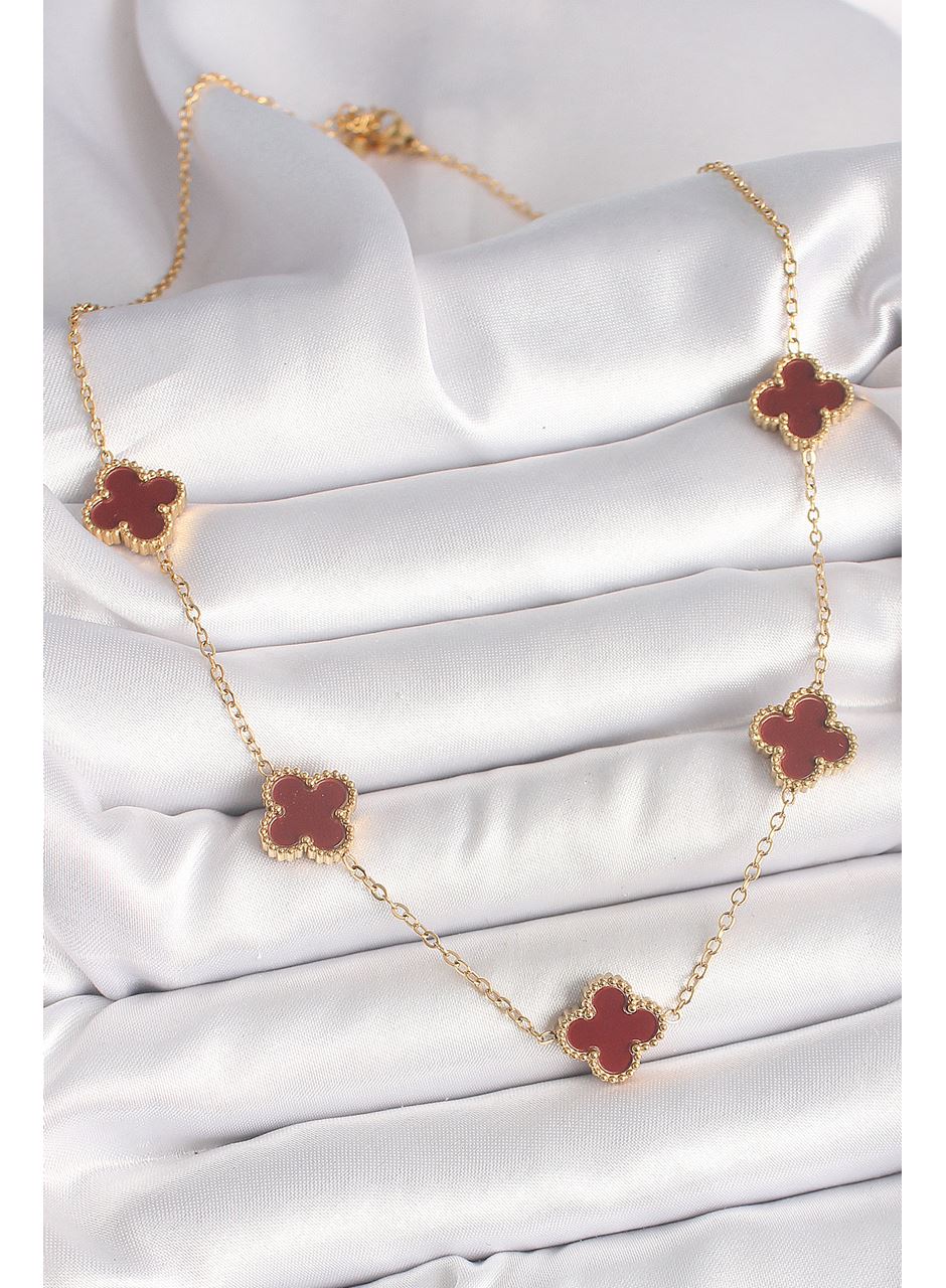 316L Çelik Gold Renk Zincir Bordo Yonca Model Kadın Kolye