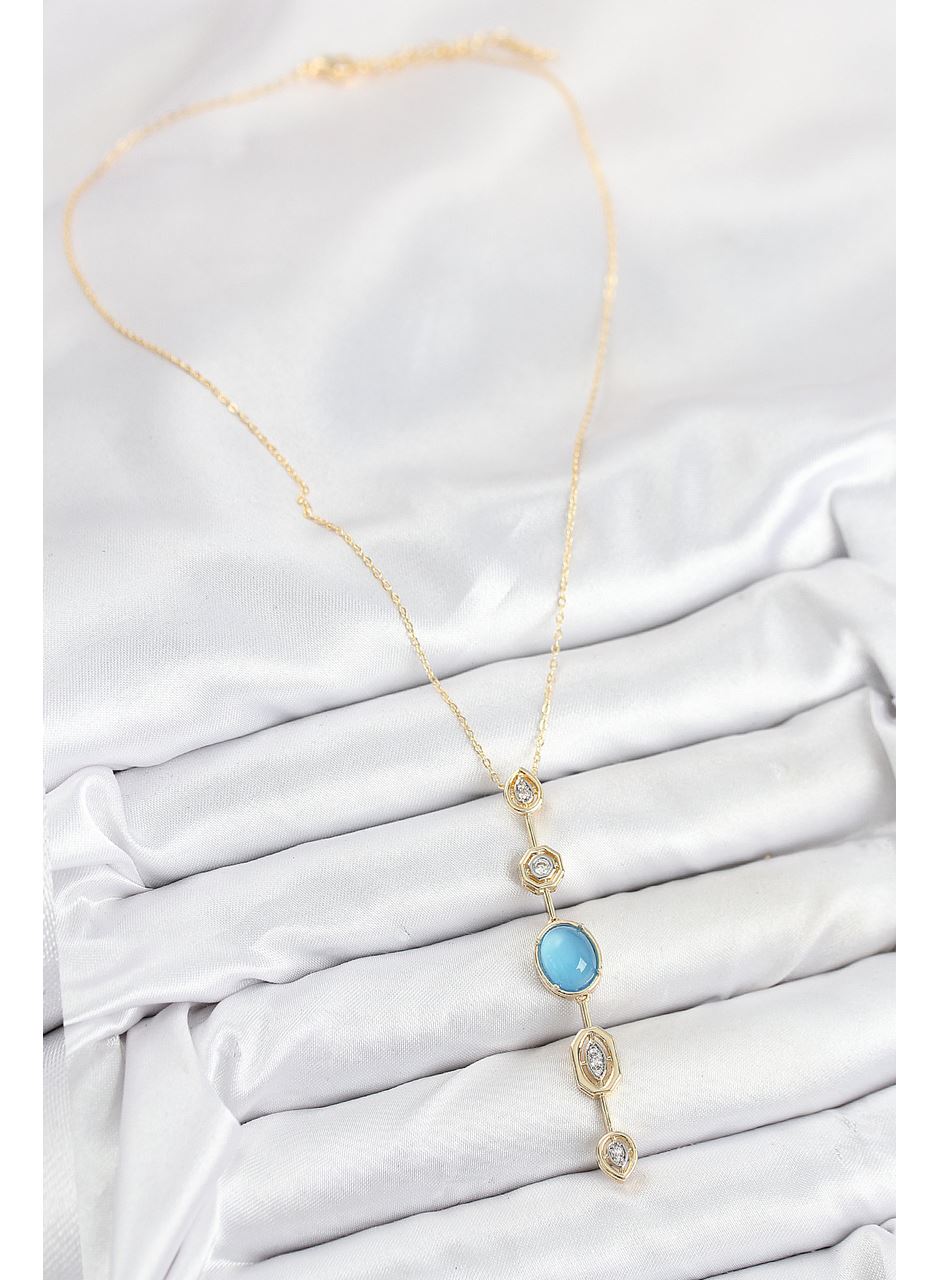 Pirinç Zincir Mavi Gold Renk Zirkon Taşlı Y Kolye