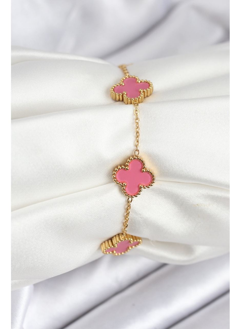 316L Çelik Gold Zincir Pembe Yonca Renk Bileklik