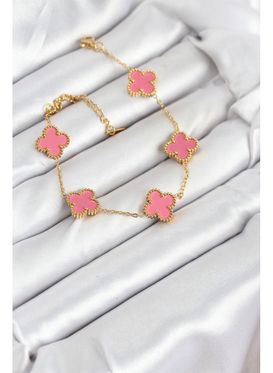 316L Çelik Gold Zincir Pembe Yonca Renk Bileklik