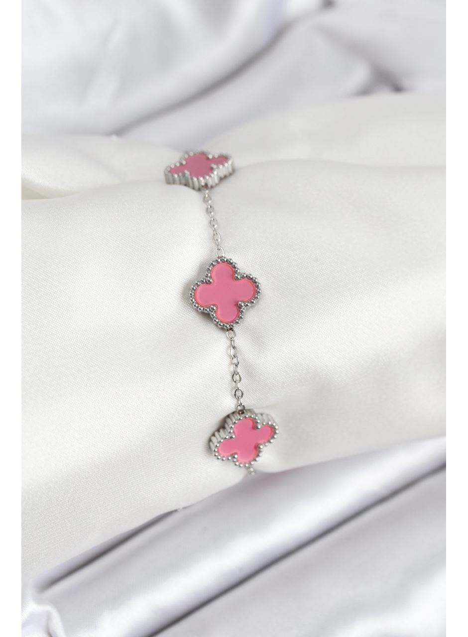 316L Çelik Gümüş Zincir Pembe Renk Yonca Bileklik