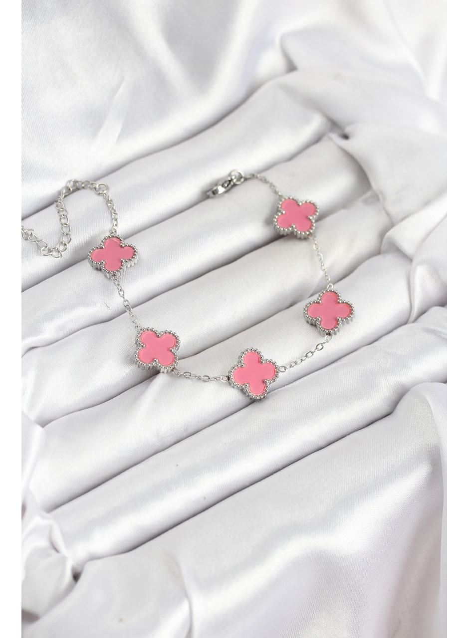 316L Çelik Gümüş Zincir Pembe Renk Yonca Bileklik