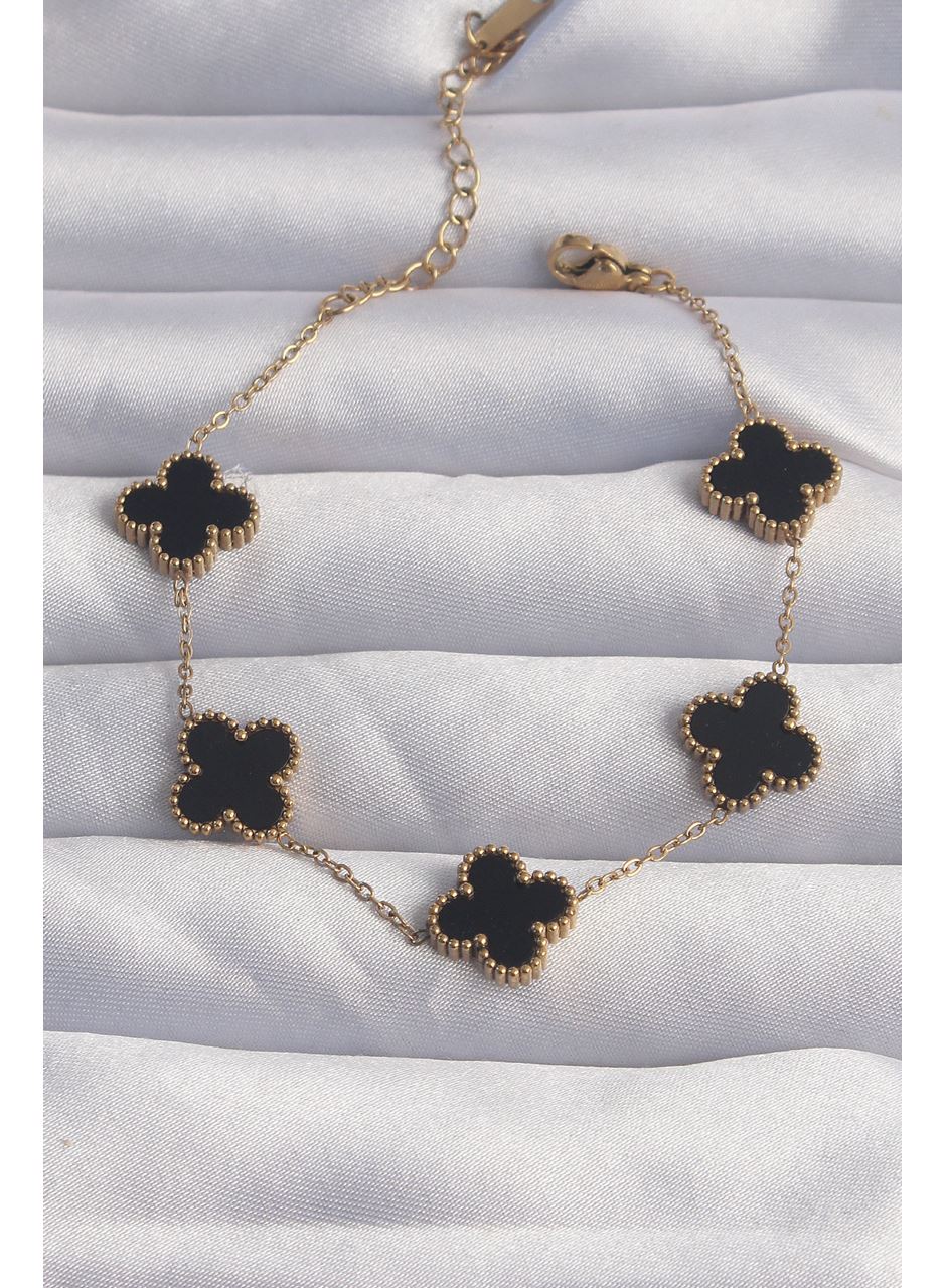 316L Çelik Gold Renk Siyah Mineli Yonca Bileklik