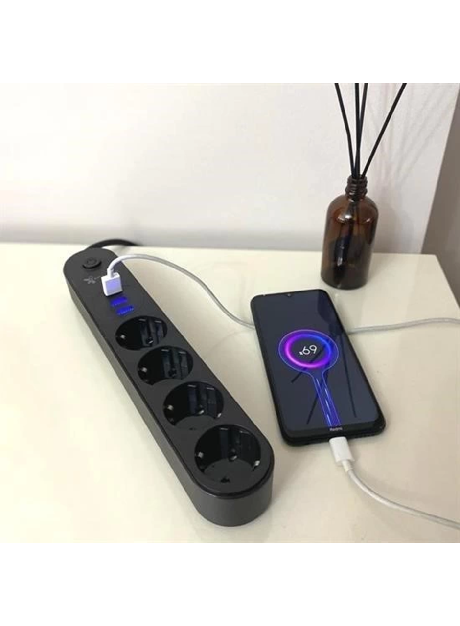 4lü Siyah Anahtarlı 3 Usb Li Akım Korumalı Topraklı Çocuk Korumalı Grup Priz 2 Metre (