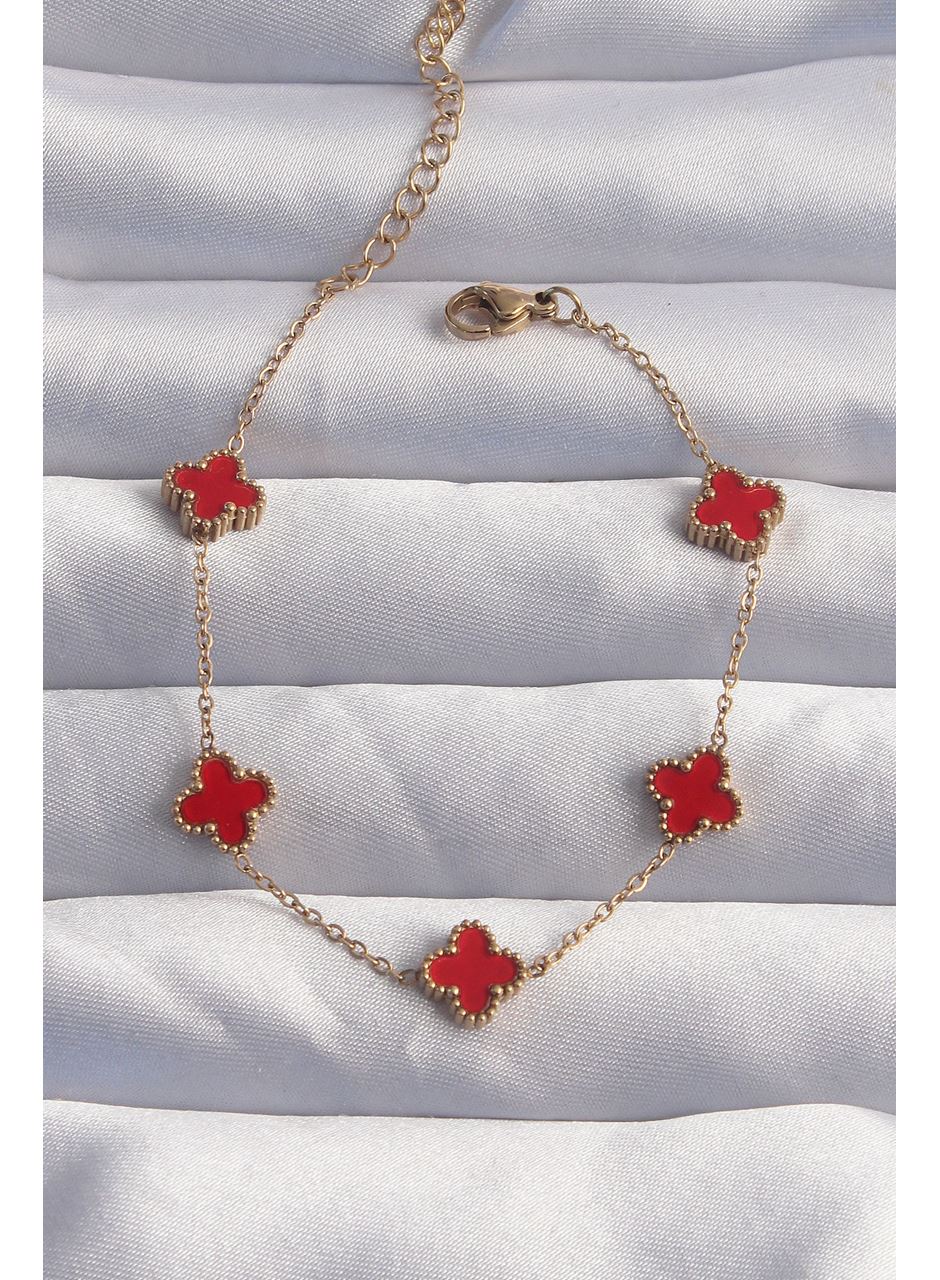 316L Çelik Baby Boy Gold Renk Kırmızı Mineli Yonca Bileklik