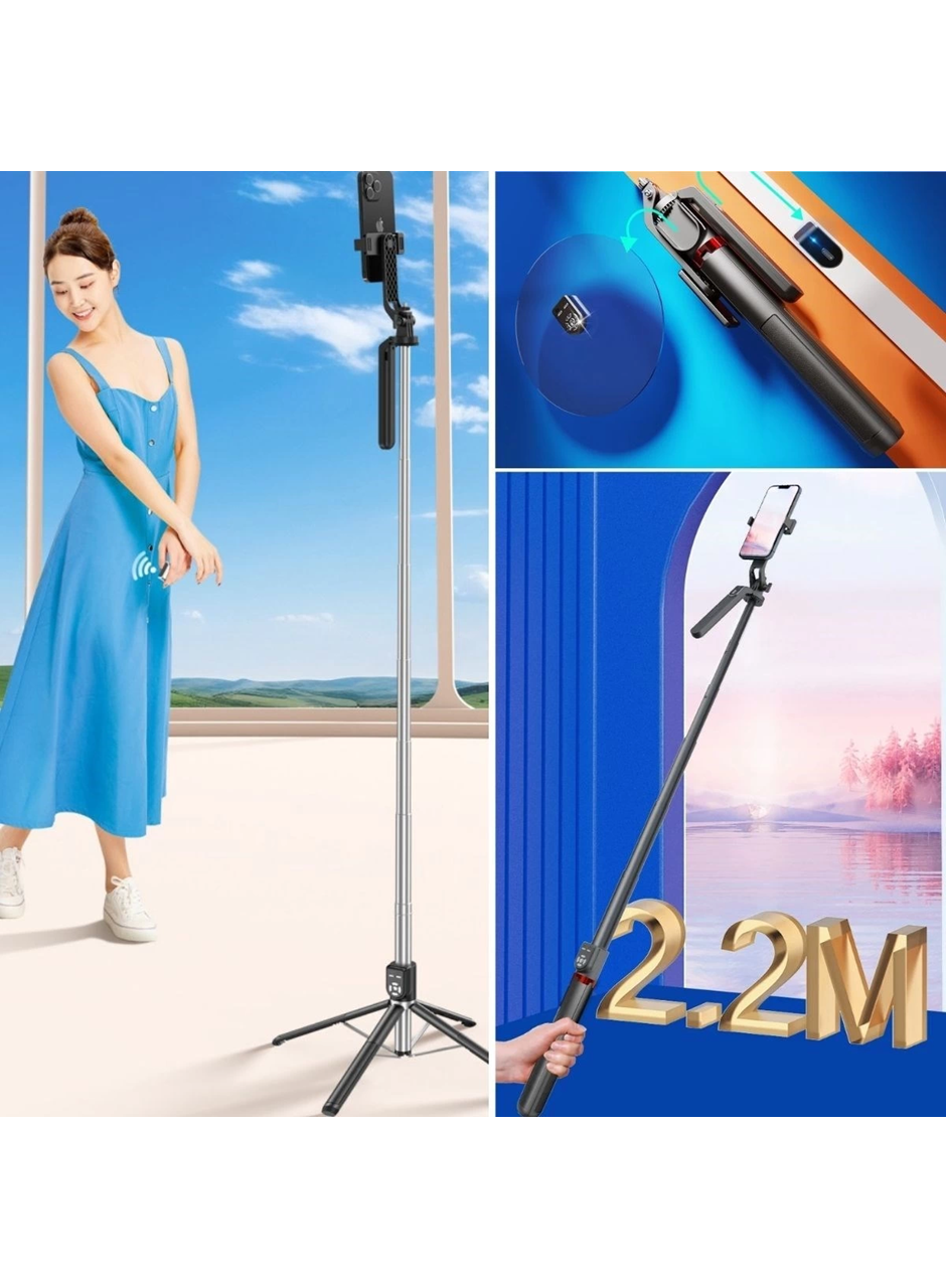Kumandalı 360 Derece Dönebilen Cep Telefonu Ve Kamera Tripodu 2.2m Uzayabilen Selfie Çubuğu (