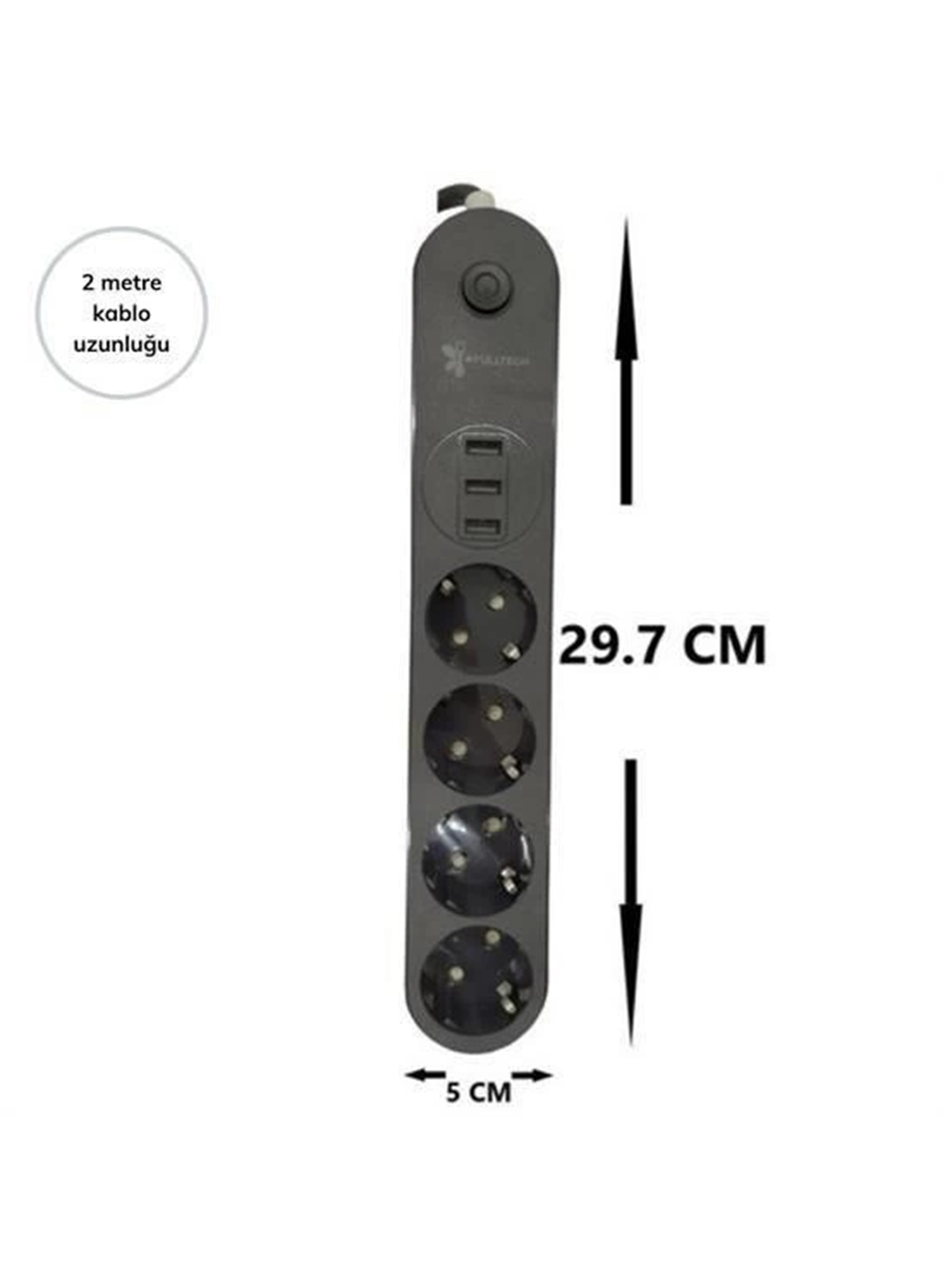 4lü Siyah Anahtarlı 3 Usb Li Akım Korumalı Topraklı Çocuk Korumalı Grup Priz 2 Metre (