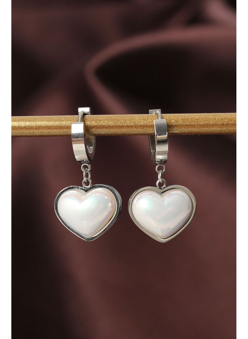 316L Çelik Gümüş Renk Beyaz Bombeli Kalp Küpe