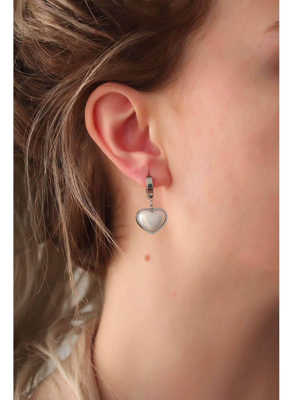 316L Çelik Gümüş Renk Beyaz Bombeli Kalp Küpe