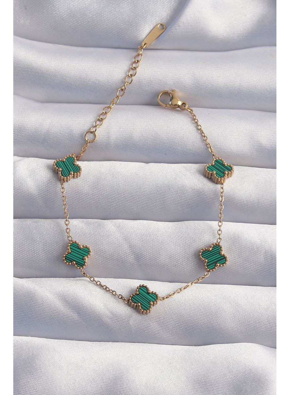 316L Çelik Baby Boy Gold Renk Çizgili Yeşil Mineli Yonca Bileklik